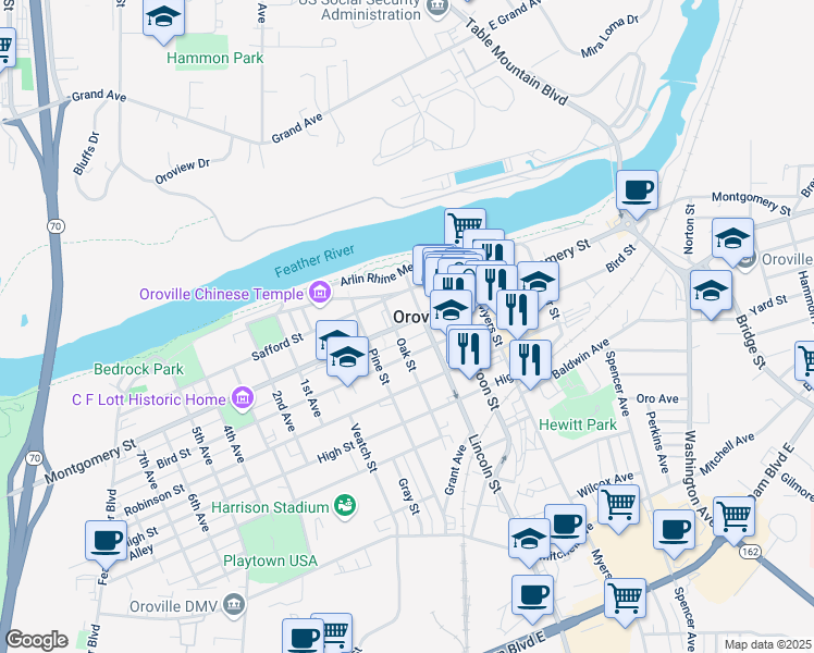 map of restaurants, bars, coffee shops, grocery stores, and more near 1735 Montgomery Street in Oroville