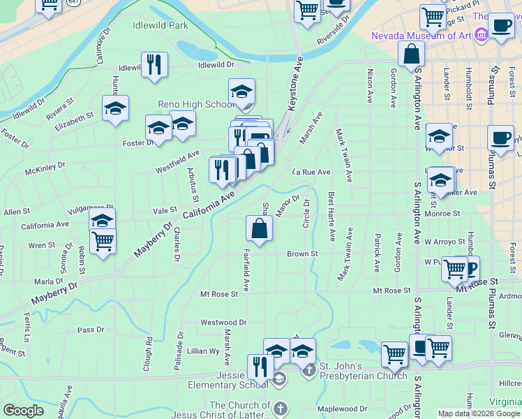 map of restaurants, bars, coffee shops, grocery stores, and more near 1080 Marsh Avenue in Reno