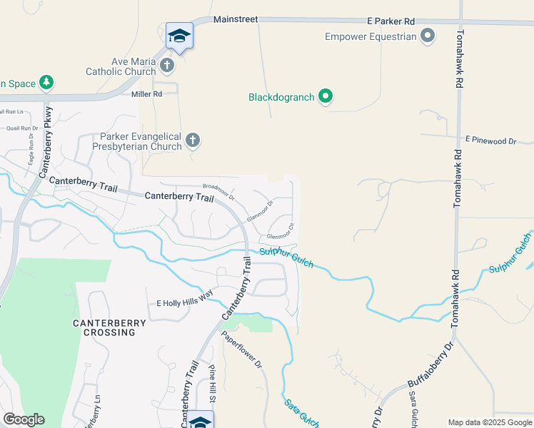 map of restaurants, bars, coffee shops, grocery stores, and more near 23932 Glenmoor Drive in Parker