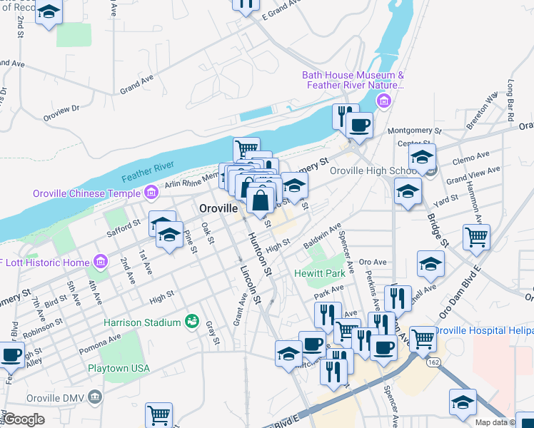 map of restaurants, bars, coffee shops, grocery stores, and more near 1435 Myers Street in Oroville