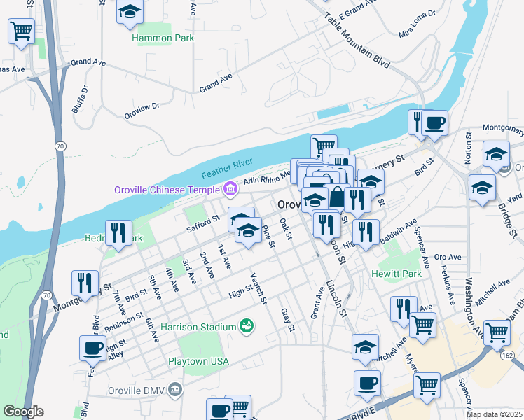 map of restaurants, bars, coffee shops, grocery stores, and more near 1255 Pine Street in Oroville