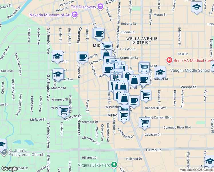 map of restaurants, bars, coffee shops, grocery stores, and more near 1074 Haskell Street in Reno