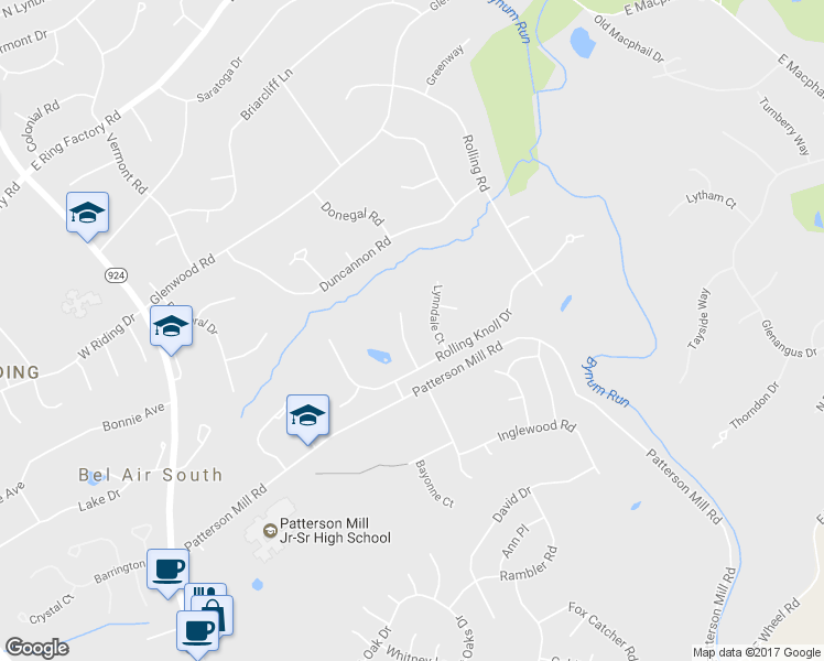 map of restaurants, bars, coffee shops, grocery stores, and more near 1607 Waterbury Court in Bel Air