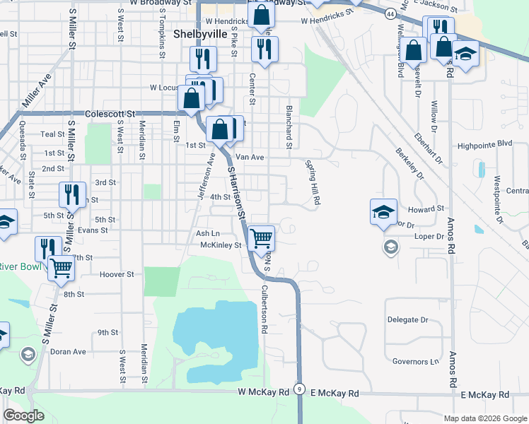 map of restaurants, bars, coffee shops, grocery stores, and more near 1123 South Noble Street in Shelbyville