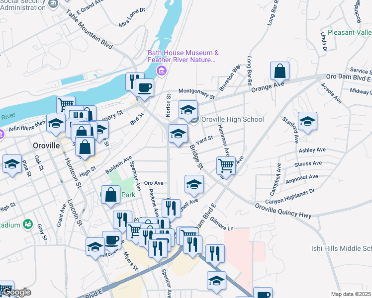 map of restaurants, bars, coffee shops, grocery stores, and more near 2795 Yard Street in Oroville