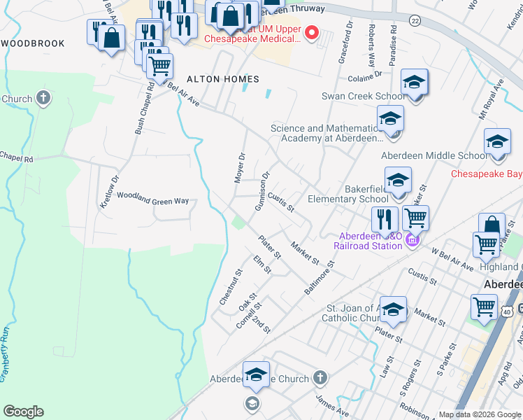 map of restaurants, bars, coffee shops, grocery stores, and more near 113 Gunnison Drive in Aberdeen