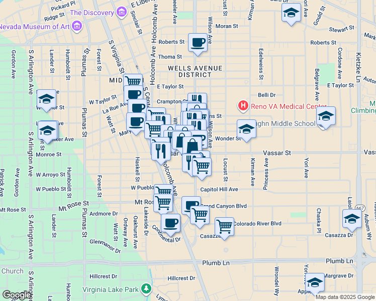 map of restaurants, bars, coffee shops, grocery stores, and more near 1295 South Wells Avenue in Reno