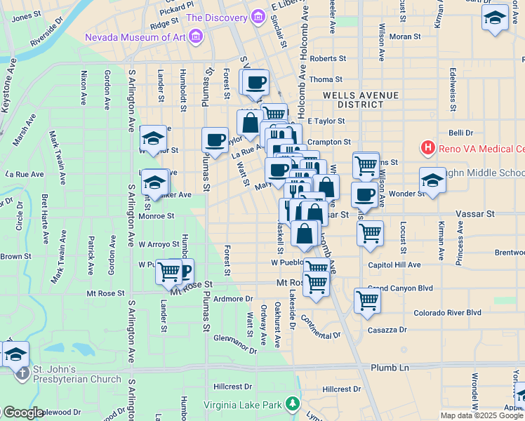 map of restaurants, bars, coffee shops, grocery stores, and more near 1058 Watt Street in Reno