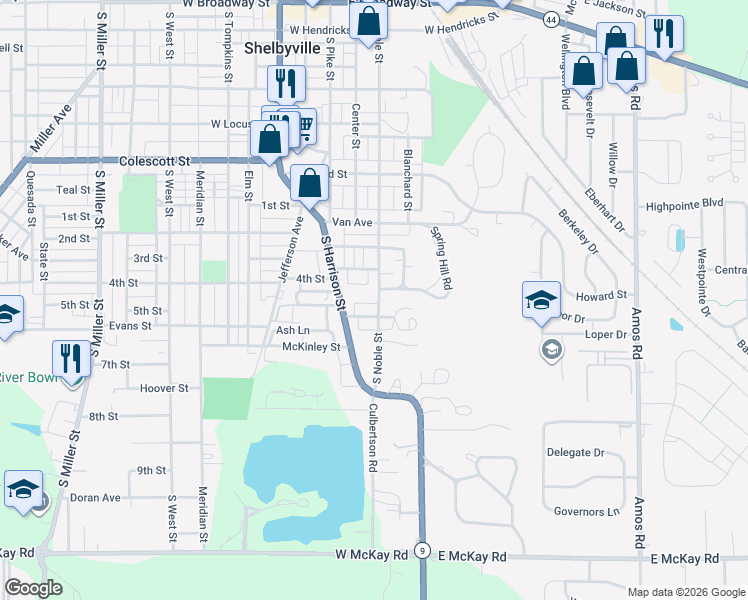 map of restaurants, bars, coffee shops, grocery stores, and more near 1123 South Noble Street in Shelbyville