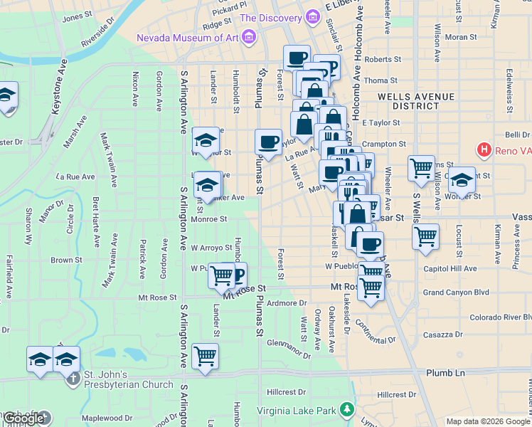 map of restaurants, bars, coffee shops, grocery stores, and more near 1206 Plumas Street in Reno