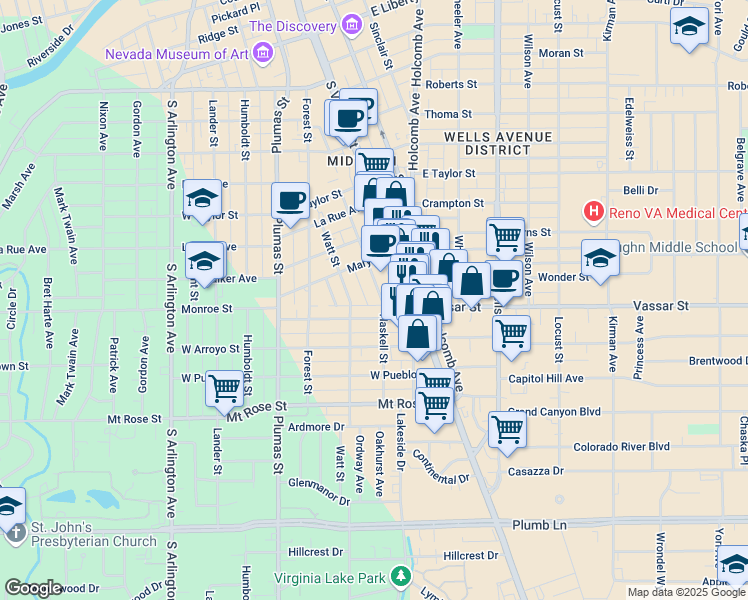 map of restaurants, bars, coffee shops, grocery stores, and more near 1074 Haskell Street in Reno