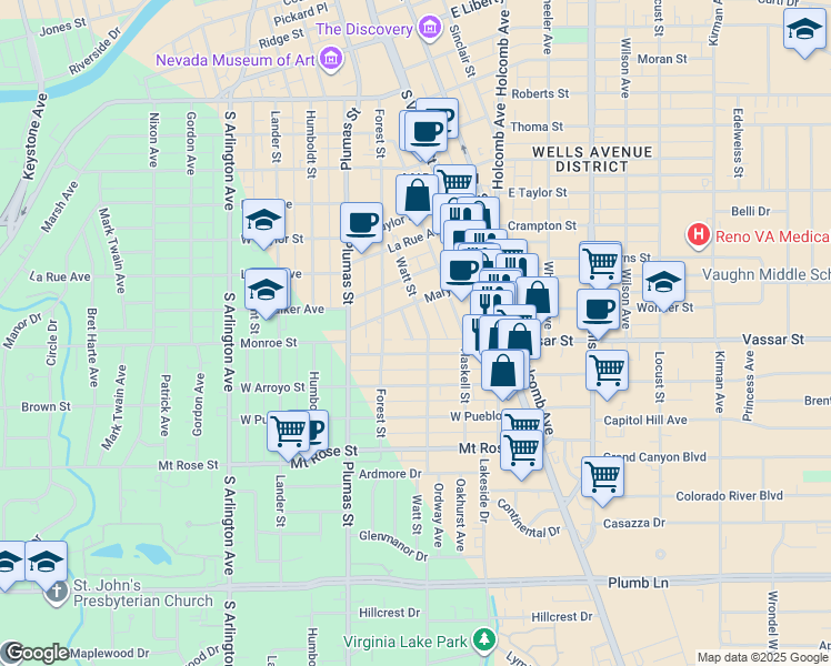 map of restaurants, bars, coffee shops, grocery stores, and more near 1049 Watt Street in Reno