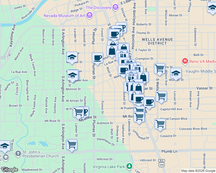 map of restaurants, bars, coffee shops, grocery stores, and more near 1176 Forest Street in Reno