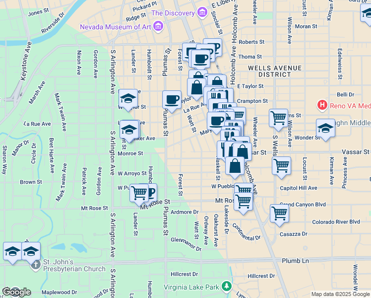 map of restaurants, bars, coffee shops, grocery stores, and more near 1176 Forest Street in Reno