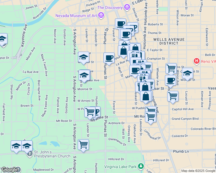 map of restaurants, bars, coffee shops, grocery stores, and more near 1206 Plumas Street in Reno