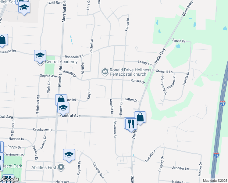 map of restaurants, bars, coffee shops, grocery stores, and more near 104 Arcadia Drive in Middletown