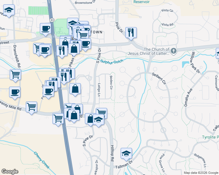map of restaurants, bars, coffee shops, grocery stores, and more near 11251 Rodeo Circle in Parker