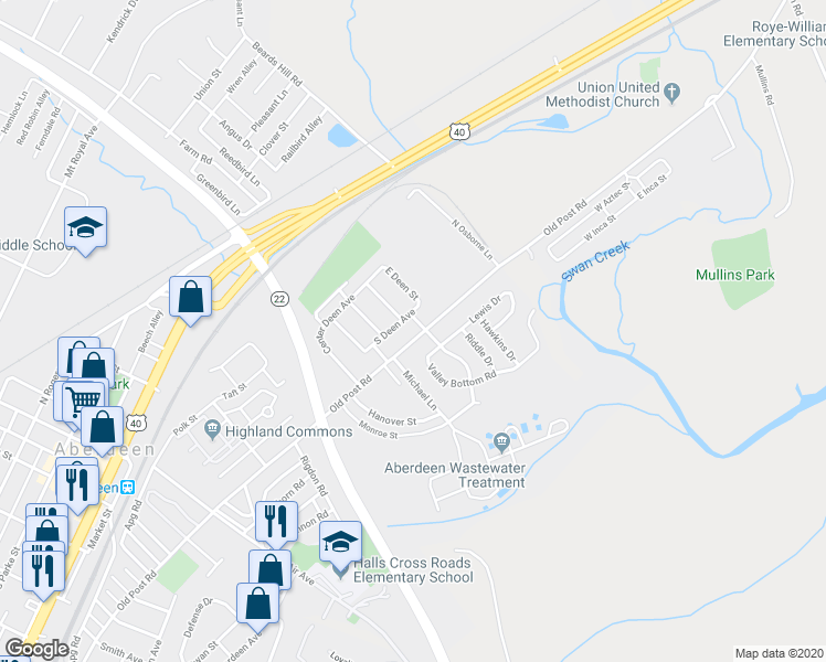 map of restaurants, bars, coffee shops, grocery stores, and more near 346 Post Road in Aberdeen