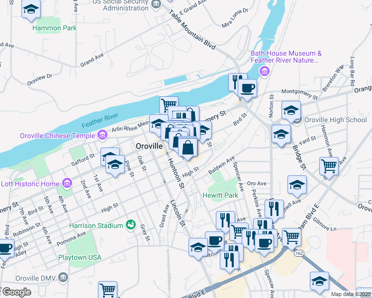 map of restaurants, bars, coffee shops, grocery stores, and more near 2041 Bird Street in Oroville