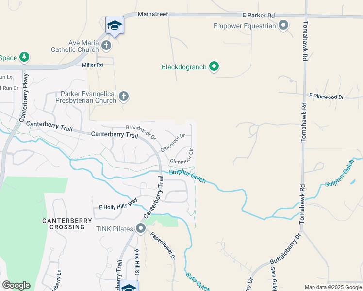 map of restaurants, bars, coffee shops, grocery stores, and more near 23932 Glenmoor Drive in Parker