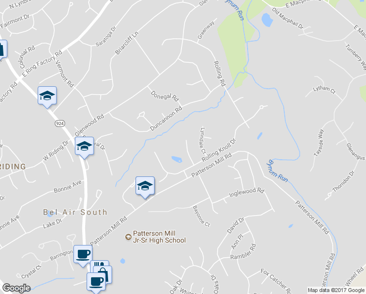map of restaurants, bars, coffee shops, grocery stores, and more near 1604 Waterbury Court in Bel Air