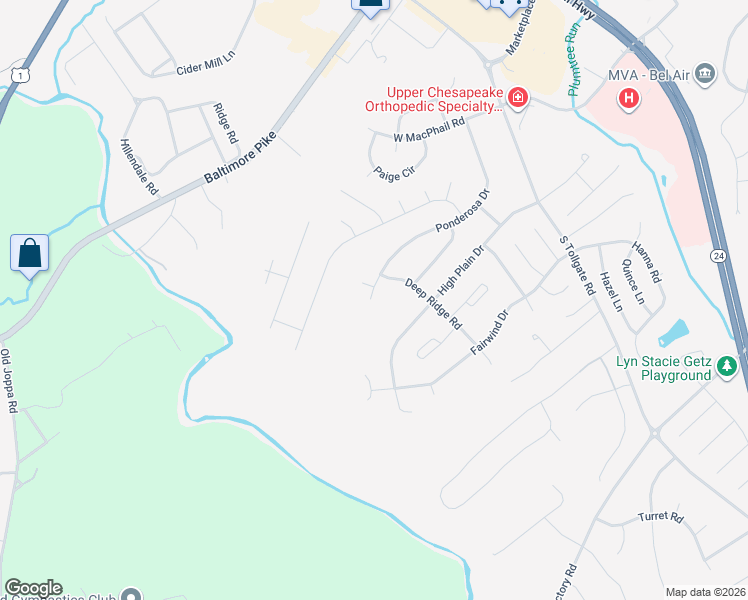 map of restaurants, bars, coffee shops, grocery stores, and more near 709 Ponderosa Drive in Bel Air