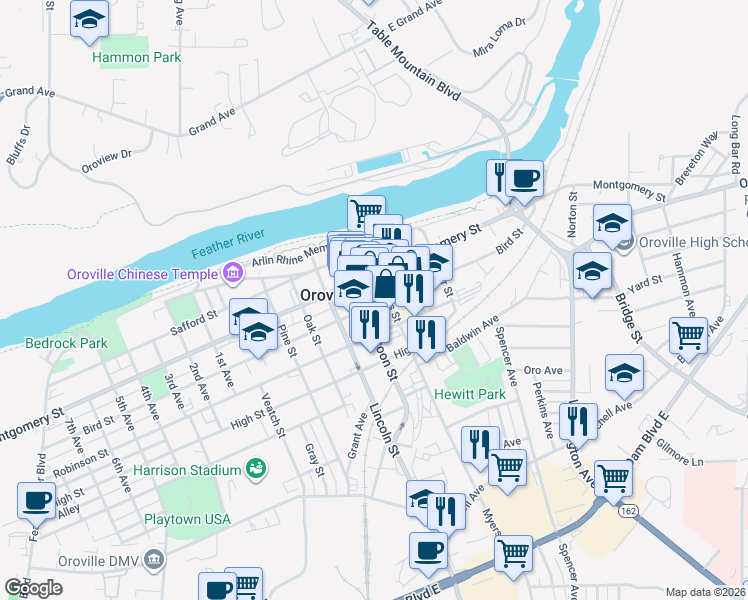 map of restaurants, bars, coffee shops, grocery stores, and more near 1945 Bird Street in Oroville