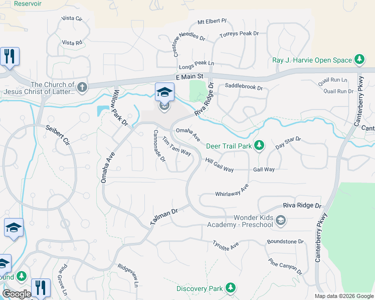 map of restaurants, bars, coffee shops, grocery stores, and more near 11010 Tim Tam Way in Parker