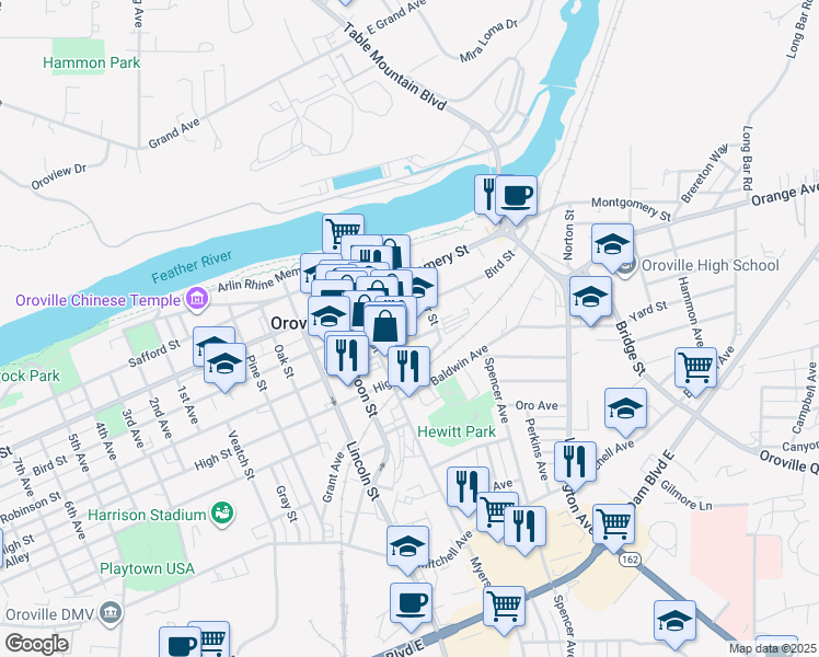 map of restaurants, bars, coffee shops, grocery stores, and more near 1453 Downer Street in Oroville