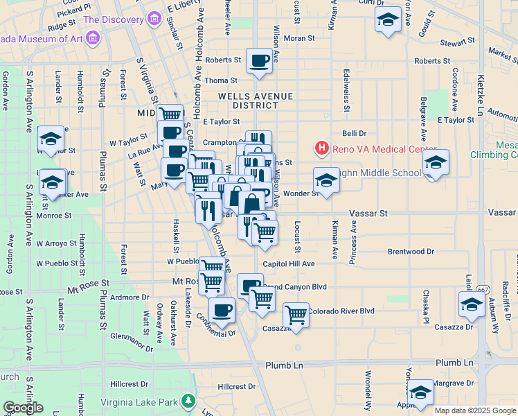 map of restaurants, bars, coffee shops, grocery stores, and more near 1295 South Wells Avenue in Reno