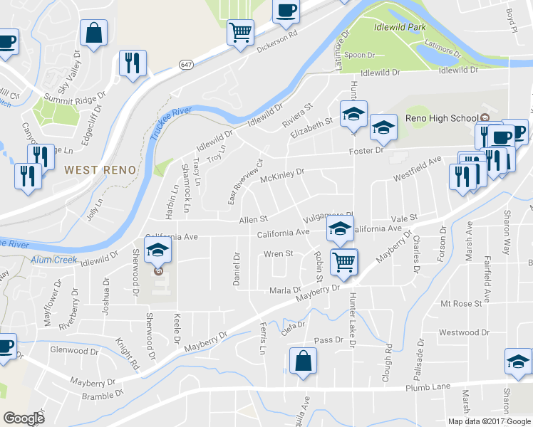 map of restaurants, bars, coffee shops, grocery stores, and more near 1685 Allen Street in Reno