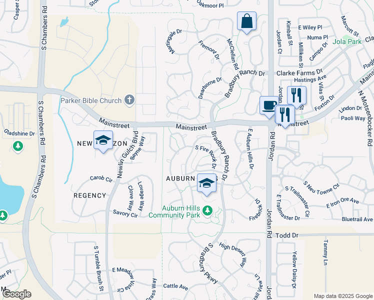 map of restaurants, bars, coffee shops, grocery stores, and more near 11331 Night Heron Drive in Parker