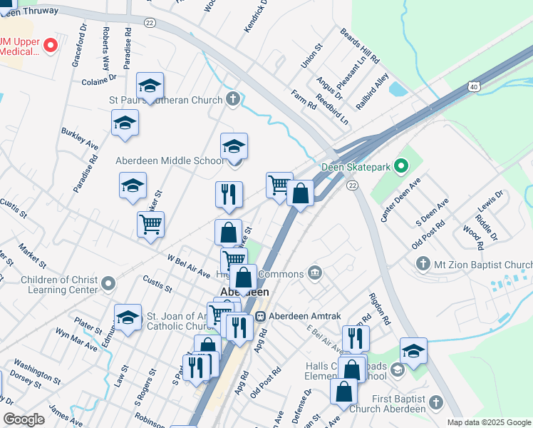 map of restaurants, bars, coffee shops, grocery stores, and more near 135 North Parke Street in Aberdeen