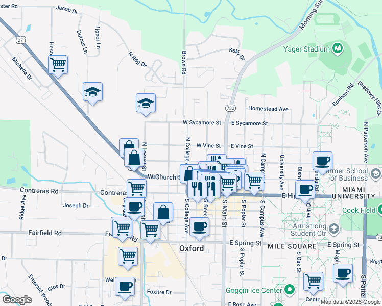 map of restaurants, bars, coffee shops, grocery stores, and more near 211 North College Avenue in Oxford