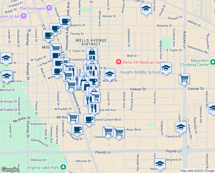 map of restaurants, bars, coffee shops, grocery stores, and more near 1149 Locust Street in Reno