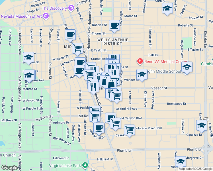 map of restaurants, bars, coffee shops, grocery stores, and more near 1295 South Wells Avenue in Reno