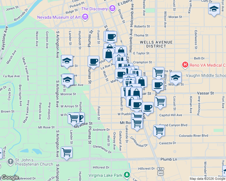 map of restaurants, bars, coffee shops, grocery stores, and more near 1049 Watt Street in Reno