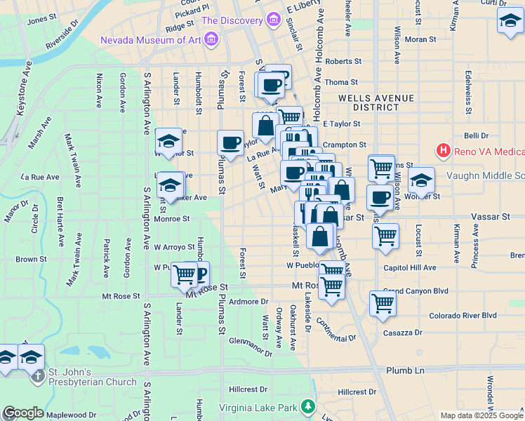 map of restaurants, bars, coffee shops, grocery stores, and more near 1049 Watt Street in Reno