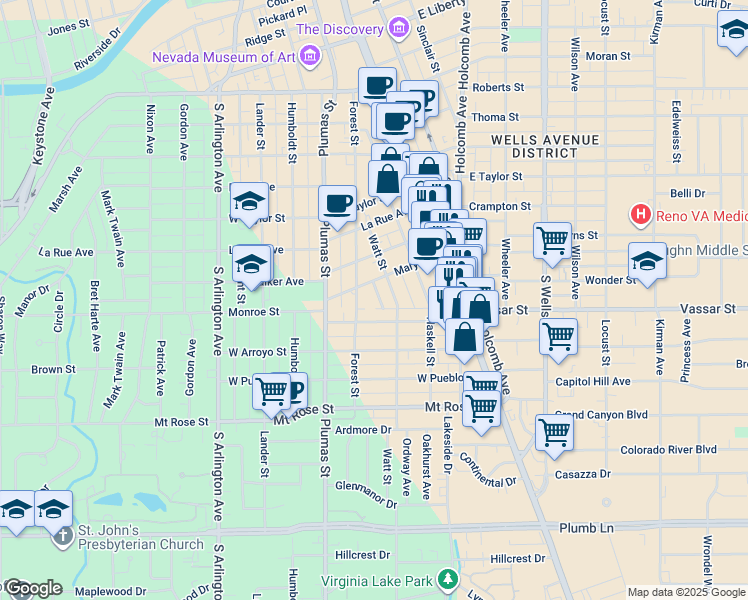 map of restaurants, bars, coffee shops, grocery stores, and more near 1176 Forest Street in Reno