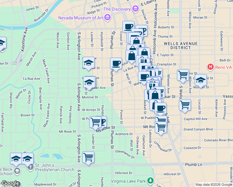 map of restaurants, bars, coffee shops, grocery stores, and more near 1206 Plumas Street in Reno