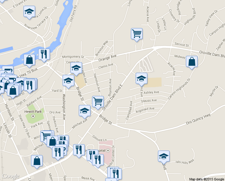 map of restaurants, bars, coffee shops, grocery stores, and more near 1775 Boynton Avenue in Oroville