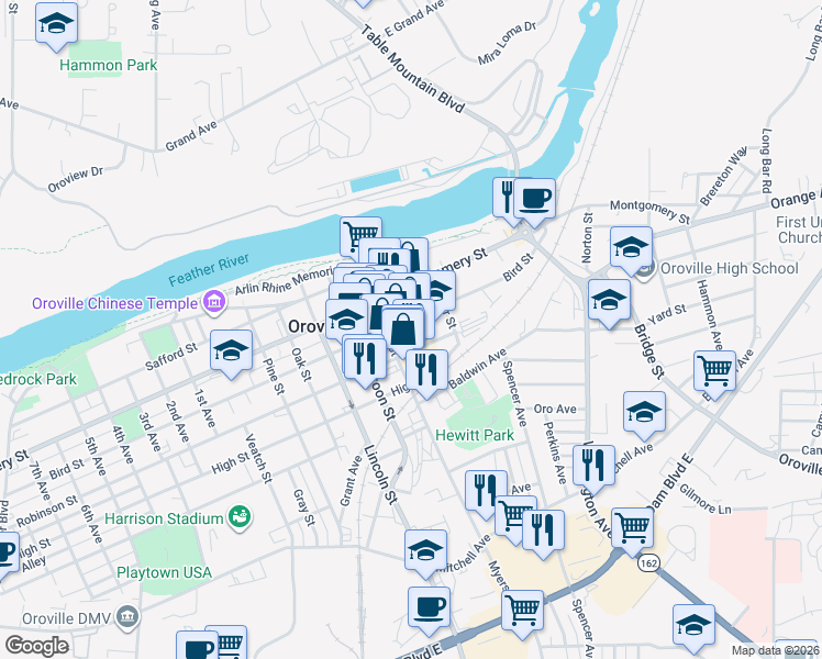 map of restaurants, bars, coffee shops, grocery stores, and more near 2075 Bird Street in Oroville