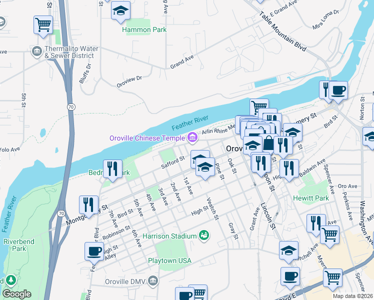 map of restaurants, bars, coffee shops, grocery stores, and more near 1220 Leah Court in Oroville