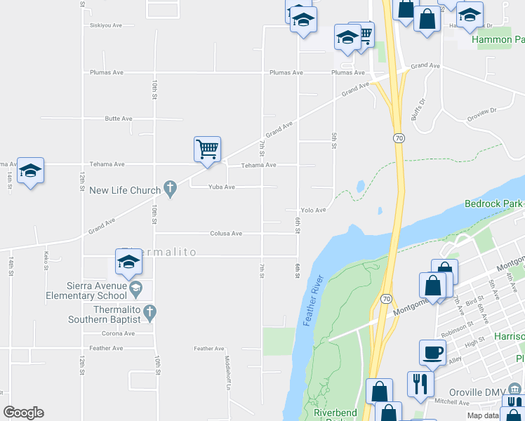 map of restaurants, bars, coffee shops, grocery stores, and more near 1700 7th Street in Oroville