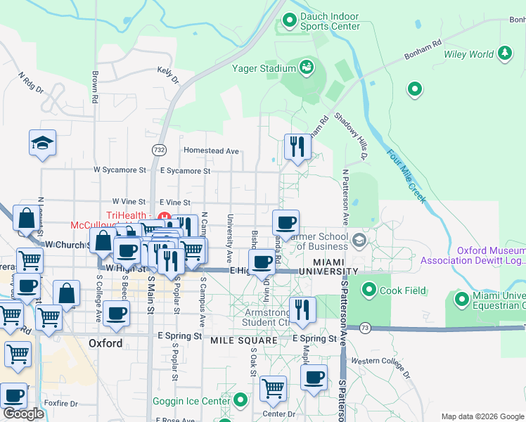 map of restaurants, bars, coffee shops, grocery stores, and more near 210 Tallawanda Road in Oxford