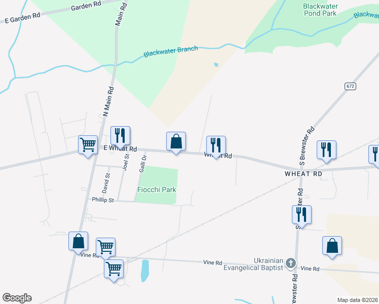map of restaurants, bars, coffee shops, grocery stores, and more near 2142 East Wheat Road in Vineland