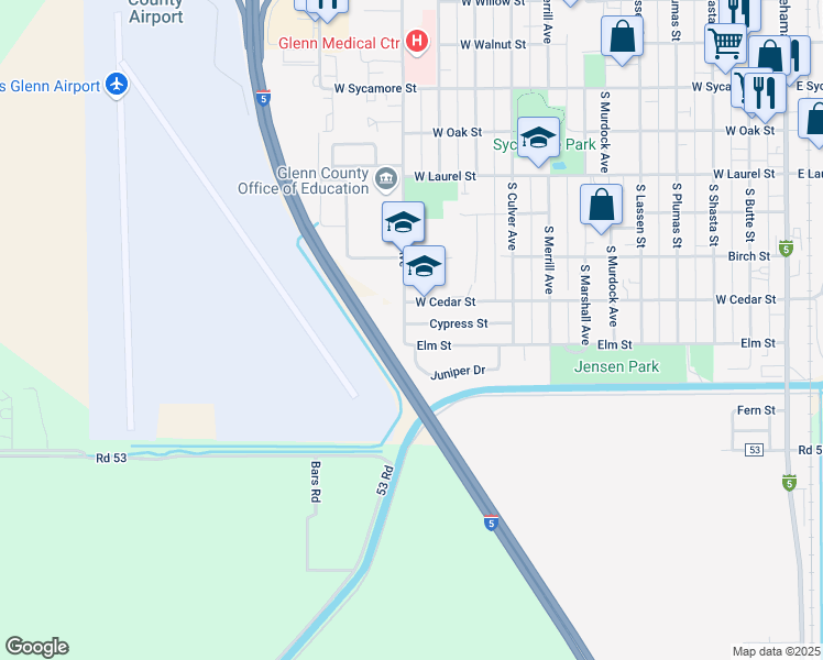 map of restaurants, bars, coffee shops, grocery stores, and more near 1150 Cypress Street in Willows