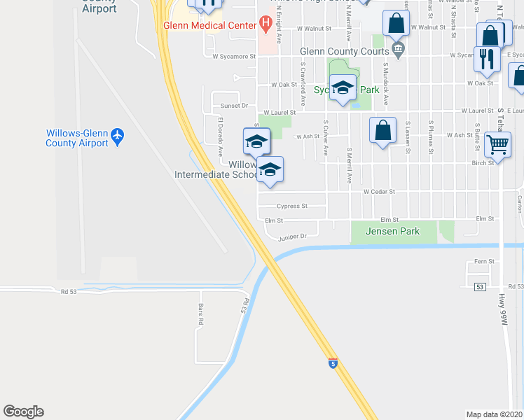 map of restaurants, bars, coffee shops, grocery stores, and more near 1150 Cypress Street in Willows