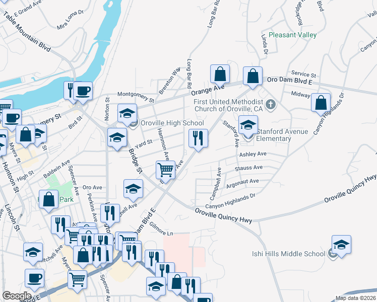 map of restaurants, bars, coffee shops, grocery stores, and more near 1775 Boynton Avenue in Oroville