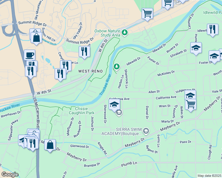 map of restaurants, bars, coffee shops, grocery stores, and more near Idlewild Drive in Washoe County